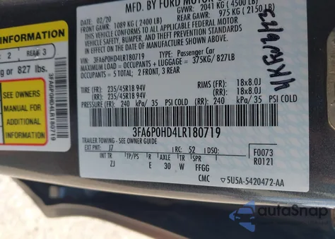 2020 Ford Fusion Se из США, поврежденный, VIN 3FA6P0HD4LR180719